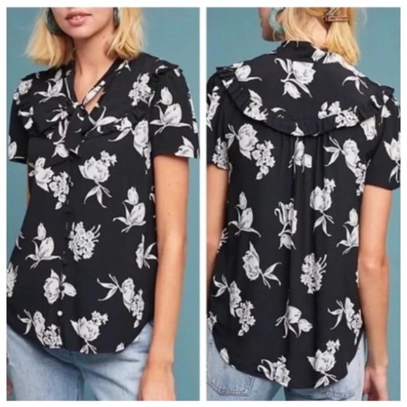 Anthropologie Maeve Black And White Floral Ruffle Blouse - Picture 3 of 10